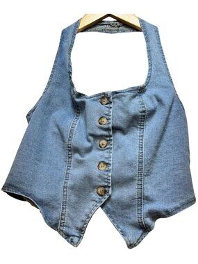 Women's Denim Halter Vest Top Button Front Stretch Size 4 Blue Light Wash